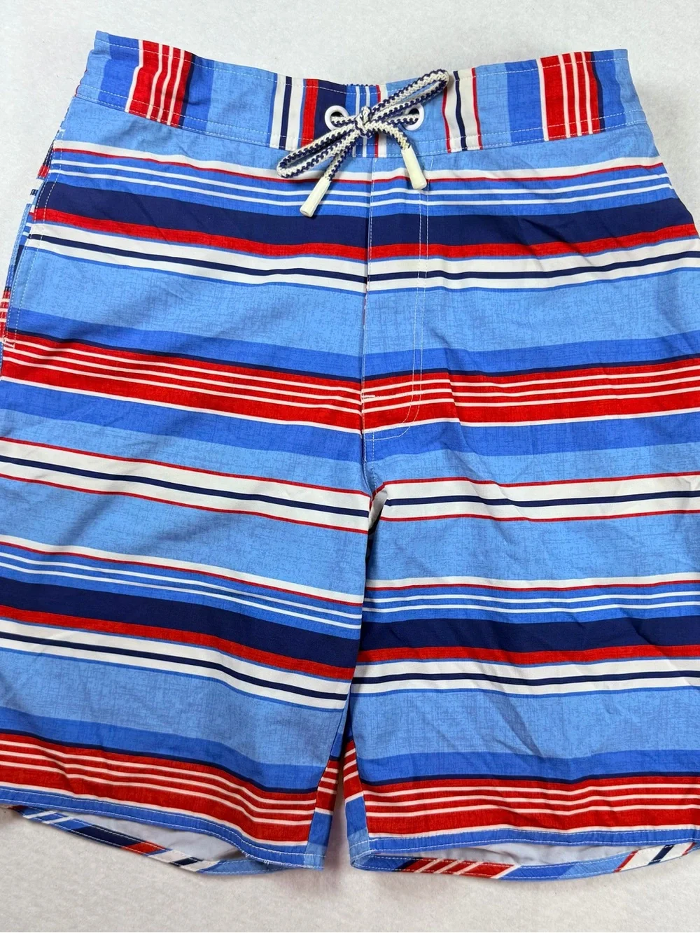 Johnnie-O Swim Trunks Medium Blue Red White Stripes Coastal Nautical